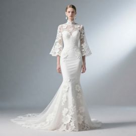 Elegant High - Neck Lace Mermaid Wedding Dress with Bell Sleeves & Floral Embroidery