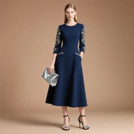 Navy Blue Midi Dress: Embroidered Sleeves & Pockets, Elegant A-Line Style