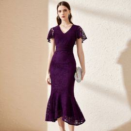 Elegant Purple Lace V - Neck Mermaid Dress with Short Flutter Sleeves and Cinched Waist