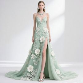 Mint Green Floral Embroidered Spaghetti Strap Gown with High Slit - Elegant Evening Dress