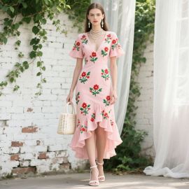 Pink Floral Embroidered V-Neck Short Sleeve Asymmetrical Midi Dress