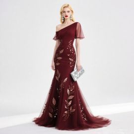 Burgundy One-Shoulder Mermaid Gown with Sequined Leaf Embroidery - Elegant Evening Dress