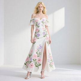 Elegant Off - Shoulder Floral Embroidery Slit Maxi Dress