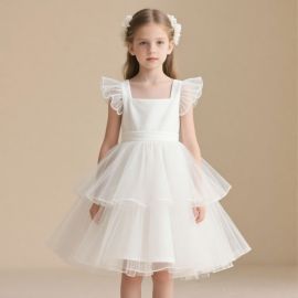 Elegant Girls White Tulle Dress with Ruffled Sleeves for Weddings & Parties