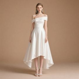 Off - Shoulder Asymmetric Satin Wedding Dress: Elegant Bridal Gown with High Low Hem
