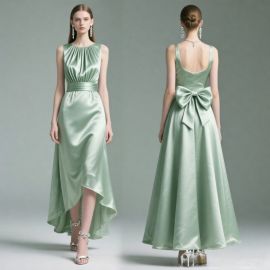 Mint Green Satin High-Low Gown with Back Bow - Elegant Formal Dress