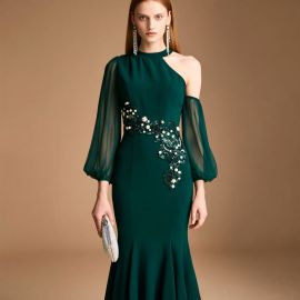 Emerald Green One - Shoulder Long Sleeve Pearl Embellished Evening Gown