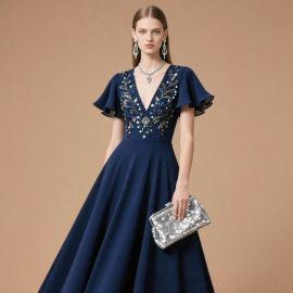 Navy Blue Embroidered Flounce Sleeve Evening Gown - Elegant Formal Dress for Events