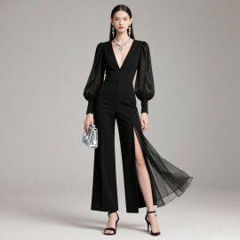 Chic Black Jumpsuit: Deep V-Neck, Puff Sleeves & High Slit Design