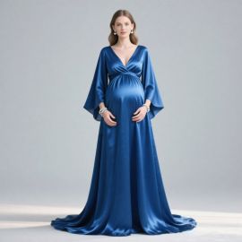Elegant Maternity Satin Evening Gown: V-Neck Long Sleeve Formal Dress for Pregnant Women