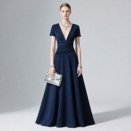 Elegant Navy Blue V - Neck Ruched Waist Long Evening Dress for Formal Events