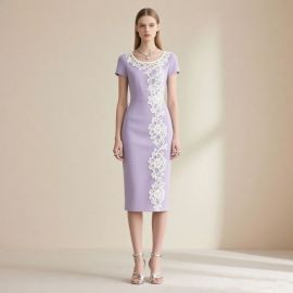 Lavender Sheath Dress with White Lace Detailing - Elegant Office & Party Wear