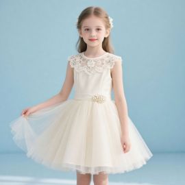 Elegant Girls' Ivory Dress with Lace Collar & Pearl Belt - Perfect for Weddings/Parties