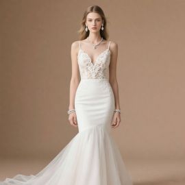 Elegant Lace Spaghetti Strap Mermaid Wedding Dress | Deep V-Neck Bridal Gown