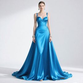 Elegant Blue Satin Evening Gown with Spaghetti Straps & Train - Formal Dress for Weddings/Events