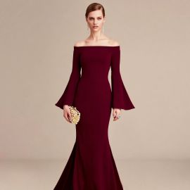 Elegant Burgundy Off - Shoulder Mermaid Gown with Flared Sleeves