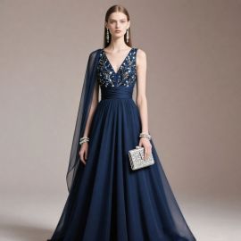 Elegant Navy Blue Sequined One-Shoulder Evening Gown for Formal Events