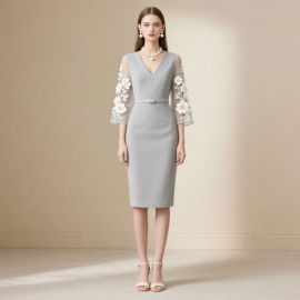 Elegant Gray V - Neck Midi Dress with Floral Lace Sleeves & Waist Belt
