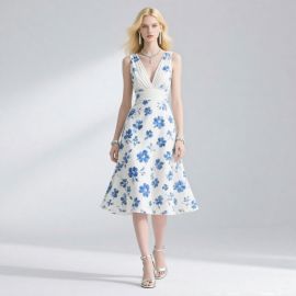 Chic White & Blue Floral V - Neck Cinched Waist Midi Dress
