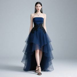 Navy Blue Strapless High-Low Gown with Black Floral Embroidery - Elegant Evening Dress