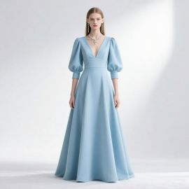 Elegant Light Blue Long Gown with Puff Sleeves & Deep V-Neck - Formal Evening Dress