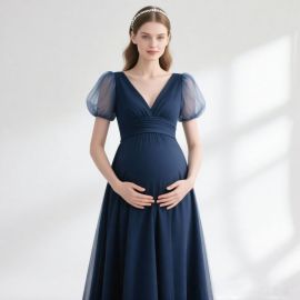 Elegant Navy Blue Maternity Dress - V-Neck Long Gown with Puffy Sleeves