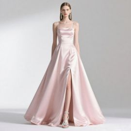 Elegant Pink Satin Spaghetti Strap Evening Gown with High Slit