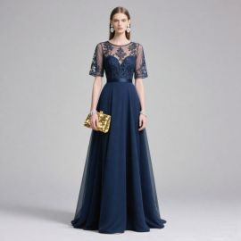 Elegant Navy Blue Lace & Chiffon Long Evening Gown for Formal Events