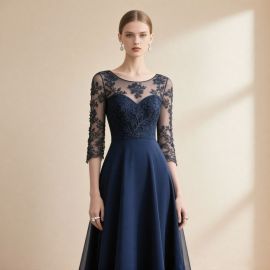Elegant Navy Blue Lace Evening Dress with Sheer Sleeves - Formal Occasion Gown