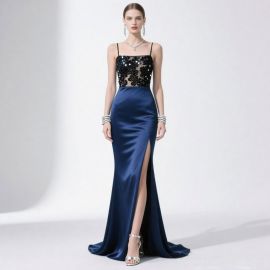 Elegant Navy Blue Satin Evening Gown - Sequined Lace Bodice & High Slit Design