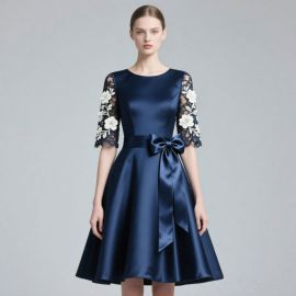 Navy Blue Satin Dress with Lace Floral Sleeves & Bow Belt - Elegant Party Style
