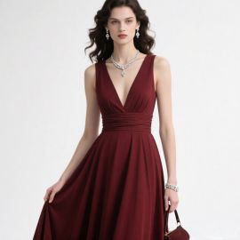 Elegant Burgundy V-Neck Ruched Waist Maxi Dress