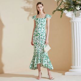 Elegant Green Leaf Print Square Neck Ruffled Sleeve Mermaid Hem Midi Dress