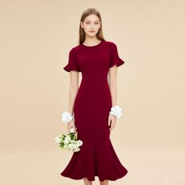 Elegant Burgundy Mermaid Dress with Flounce Sleeves for Women