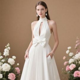 Elegant White Halter Neck Wedding Dress with Bow & Pleated Skirt - Chic Bridal Gown