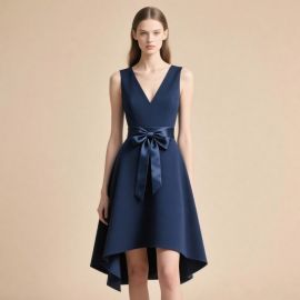 Navy Blue Sleeveless V-Neck Dress with Bowknot & Asymmetric Hem - Chic Party Style