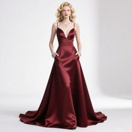Elegant Burgundy Satin Evening Gown: Spaghetti Straps, Deep V-Neck, Flowing Train for Formal Occasions