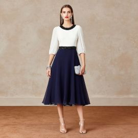 Elegant White & Navy Blue Midi Dress with Beaded Neckline & Waist, Chiffon Skirt for Parties
