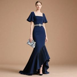 Navy Blue Mermaid Gown: Square Neck, Short Sleeves & Asymmetric Hem with Beaded Belt