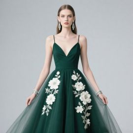 Emerald Green Spaghetti Strap Dress with White Floral Embroidery - Formal Evening Gown