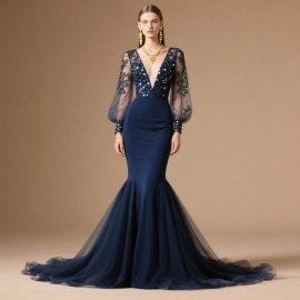 Elegant Navy Blue Mermaid Gown: Sequined Bodice, Lace Sleeves, Deep V-Neck