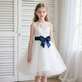Girls' White Lace Tulle Dress with Navy Bow - Elegant Flower Girl/Party Gown