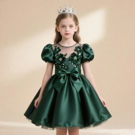 Emerald Green Flower-Embroidered Puff-Sleeve Satin Princess Dress with Big Bow