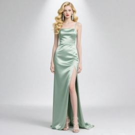 Mint Green Satin Spaghetti Strap High Slit Evening Gown - Elegant Formal Dress for Women