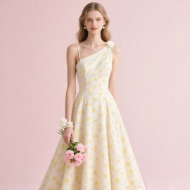 Romantic One-Shoulder Yellow Floral Print Midi Dress - Elegant Summer Style