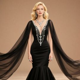 Elegant Black Mermaid Gown: Deep V-Neck, Crystal Embellishments & Sheer Cape Sleeves for Formal Events