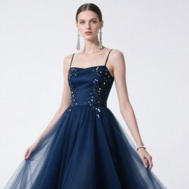 Navy Blue Spaghetti Strap Gown with Sequin Embellishments & Tulle Skirt