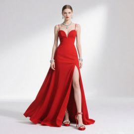Elegant Red Spaghetti Strap Gown with Heart Neckline & High Slit - Evening Party Dress
