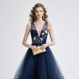 Elegant Navy Blue Evening Dress with Floral Embroidery & Tulle Skirt