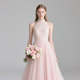 Chic Pink Lace Halter Neck Tulle Maxi Dress for Weddings & Events